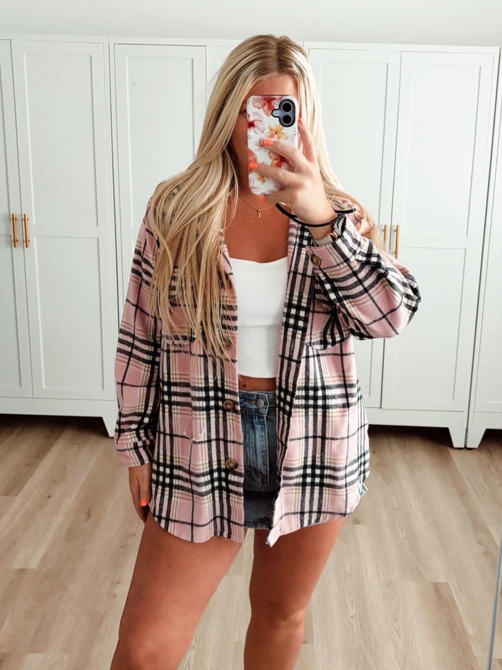 Pink black and white flannnel button up